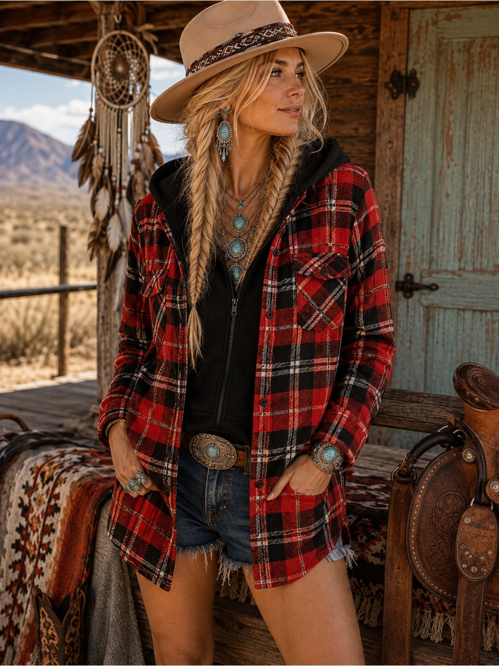 Red Plaid Shacket Hooded Jacket